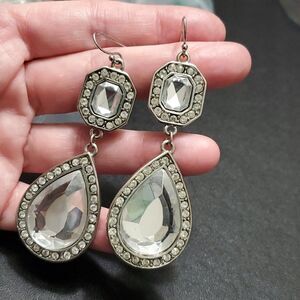 Silver tone sparkly rhinestone dangling earrings